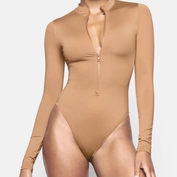 SKIMS SWIM ZIP FRONT LONG SLEEVE ONE PIECE in Ochre NEW